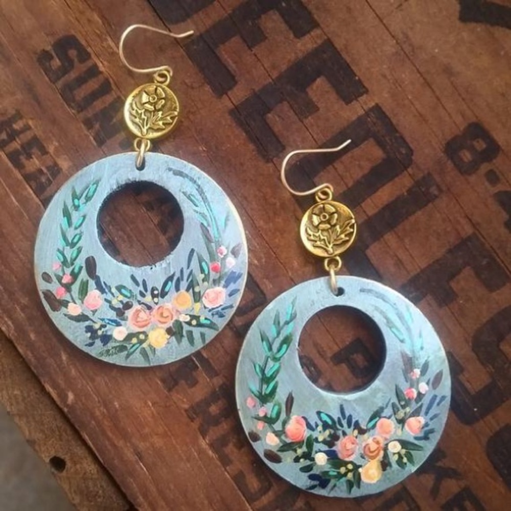 Handpainted Wood Rustic Flower Earrings